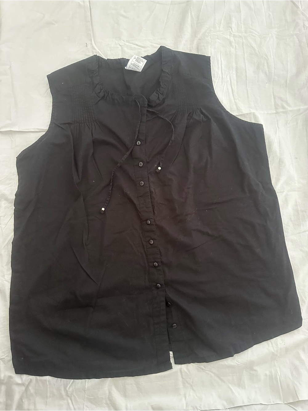 Just My Size Black Sleeveless Button-Front Ruffle Tie Top